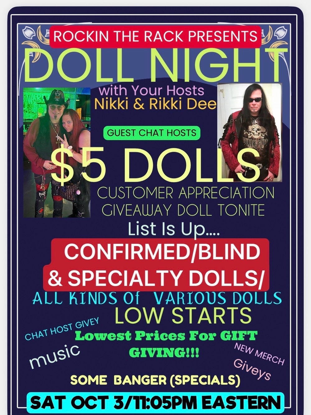 DOLL NITE/$5 CONFIRMED DOLLZ/Giveys/GIFT wheel/ Customer Appreciation Drawing